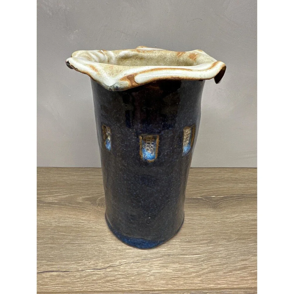 Vintage Studio Pottery Blue Glazed Vase Ruffle Lip Geometric Design 8x5.5